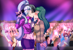 Size: 2975x2048 | Tagged: safe, artist:thebrokencog, derpibooru import, coloratura, wallflower blush, human, equestria girls, belly button, blushing, blushing profusely, breasts, busty coloratura, busty wallflower blush, cleavage, clothes, crack shipping, crowd, duo focus, eyebrows, eyebrows visible through hair, eyes closed, eyeshadow, female, high res, humanized, kiss on the lips, kissing, lesbian, makeup, microphone, midriff, shipping, shorts, sweater, veil