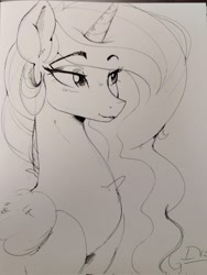 Size: 1536x2048 | Tagged: safe, artist:thelunarmoon, derpibooru import, princess celestia, alicorn, pony, bust, eyebrows, eyebrows visible through hair, female, grayscale, lidded eyes, mare, monochrome, smiling, solo, traditional art