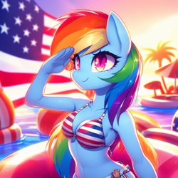 Size: 1024x1024 | Tagged: safe, ai content, derpibooru import, machine learning generated, rainbow dash, anthro, american flag, american flag bikini, ameridash, bare shoulders, bikini, breasts, cleavage, clothes, female, rainboob dash, salute, sleeveless, solo, swimsuit, united states