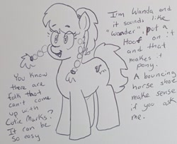 Size: 1772x1446 | Tagged: safe, artist:pony quarantine, derpibooru import, oc, oc only, oc:wanda hoof, earth pony, pony, dialogue, female, grayscale, mare, monochrome, pen drawing, solo, talking to viewer, traditional art