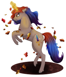 Size: 2853x3352 | Tagged: safe, artist:loopina, derpibooru import, oc, oc only, oc:precious ruby, unicorn, autumn, female, leaf, leaves, magic, mare, simple background, solo, transparent background