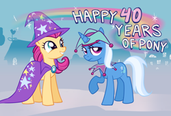 Size: 2000x1356 | Tagged: safe, artist:catachromatic, derpibooru import, trixie, earth pony, pony, unicorn, g2, g4, 40th anniversary, accessory swap, annoyed, building, cape, clothes, complex background, duo, duo female, female, g2 to g4, generation leap, generational ponidox, grin, happy, hat, horn, jester hat, lidded eyes, mare, mlp fim's thirteenth anniversary, outdoors, path, princess trixiebelle, rainbow, raised hoof, raised leg, ruff (clothing), show accurate, smiling, standing, text, trixie's cape, trixie's hat