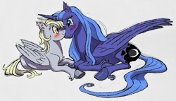 Size: 2048x1170 | Tagged: safe, artist:universalheart, derpibooru import, derpy hooves, princess luna, alicorn, pegasus, pony, blush sticker, blushing, female, folded wings, gray background, large wings, lesbian, looking at each other, looking at someone, lunaderp, lying down, prone, shipping, simple background, wings