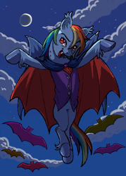 Size: 1000x1400 | Tagged: safe, artist:universalheart, derpibooru import, rainbow dash, bat, pony, undead, vampire, vampony, bite mark, cape, clothes, crescent moon, fangs, female, halloween, holiday, mare, moon, open mouth, open smile, smiling, solo, spread hooves