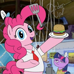 Size: 2048x2048 | Tagged: safe, artist:legendoflink, derpibooru import, pinkie pie, twilight sparkle, pegasus, pony, unicorn, burger, cash register, duo, female, food, hat, hoof hold, krusty krab, mare, necktie, pinktober, prehensile mane, solo focus, spatula, spongebob squarepants