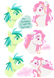 Size: 827x1194 | Tagged: safe, artist:universalheart, derpibooru import, oc, oc only, oc:summerfree apple, earth pony, pony, bust, comic, dialogue, duo, ear piercing, earring, female, freckles, jewelry, mare, piercing, simple background, speech bubble, white background