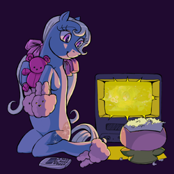 Size: 2048x2048 | Tagged: safe, artist:universalheart, derpibooru import, moondancer (g3), earth pony, pony, g3, bunny slippers, clothes, female, food, looking back, mare, plushie, popcorn, slippers, smiling, solo, teddy bear, television