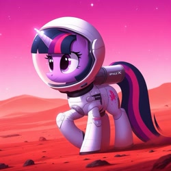 Size: 1261x1261 | Tagged: safe, ai content, derpibooru import, generator:bing image creator, generator:dall-e 3, machine learning generated, twilight sparkle, unicorn twilight, pony, unicorn, astronaut, female, mare, raised hoof, raised leg, rock, scenery, solo, space, space helmet, spacesuit, spacex, tail