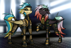 Size: 2581x1734 | Tagged: source needed, safe, artist:fenixdust, derpibooru import, oc, oc:sunstream, oc:velvetine, pegasus, pony, armor, egyptian, hangar, looking at you, science fiction