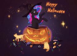 Size: 1920x1408 | Tagged: safe, artist:soudooku, derpibooru import, oc, oc only, oc:obabscribbler, cat, earth pony, pony, candy, commission, food, halloween, hat, holiday, jack-o-lantern, pumpkin, slot, solo, sparkles, sweets, witch, witch hat