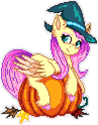 Size: 970x1240 | Tagged: safe, artist:epicvon, artist:galaxy swirl, derpibooru import, fluttershy, pegasus, pony, colored hooves, colored wings, ear fluff, ears, female, hat, leaves, manepxls, mare, pixel art, pumpkin, pxls.space, simple background, smiling, solo, transparent background, unshorn fetlocks, wings, witch hat