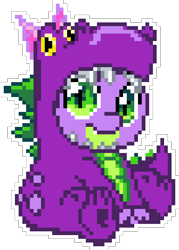 Size: 480x670 | Tagged: safe, artist:epicvon, derpibooru import, spike, dragon, clothes, costume, dragon costume, looking at you, male, manepxls, pixel art, pxls.space, simple background, sitting, smiling, smiling at you, solo, transparent background