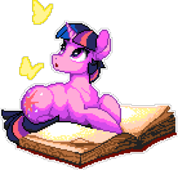 Size: 690x660 | Tagged: safe, artist:epicvon, artist:yakovlev-vad, derpibooru import, twilight sparkle, unicorn twilight, butterfly, pony, unicorn, book, cute, female, lying down, manepxls, mare, open mouth, pixel art, prone, pxls.space, simple background, solo, sternocleidomastoid, transparent background