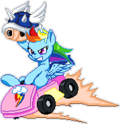 Size: 895x925 | Tagged: safe, artist:dstears, artist:epicvon, derpibooru import, rainbow dash, pegasus, pony, blue shell, crossover, female, go kart, grin, manepxls, mare, mario kart, pixel art, pxls.space, simple background, smiling, solo, this will end in explosions, transparent background