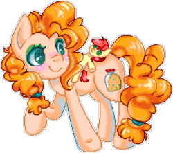 Size: 952x840 | Tagged: safe, artist:dasheroni, artist:patchnpaw, derpibooru import, bright mac, pear butter, earth pony, pony, g4, blushing, cute, female, looking back, manepxls, mare, pixel art, plushie, pxls.space, raised hoof, raised leg, simple background, smiling, transparent background
