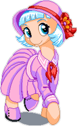 Size: 745x1215 | Tagged: safe, artist:dstears, artist:epicvon, derpibooru import, coco pommel, earth pony, pony, 20s, clothes, dress, female, hat, looking at you, manepxls, mare, pixel art, pxls.space, raised hoof, raised leg, simple background, smiling, solo, transparent background