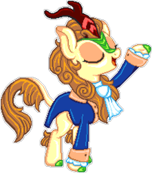 Size: 1050x1190 | Tagged: safe, artist:epicvon, artist:vector-brony, derpibooru import, autumn blaze, kirin, sounds of silence, a kirin tale, broadway, clothes, cloven hooves, eyes closed, female, hamilton, manepxls, musical, open mouth, pixel art, pxls.space, raised hoof, raised leg, reference, simple background, singing, solo, transparent background