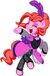 Size: 650x985 | Tagged: safe, artist:dstears, artist:epicvon, derpibooru import, pinkie pie, earth pony, pony, over a barrel, alternate hairstyle, clothes, dress, eyes closed, feather, female, fishnets, manepxls, mare, open mouth, pixel art, pxls.space, raised hoof, raised leg, saloon dress, saloon pinkie, simple background, singing, solo, stockings, thigh highs, transparent background