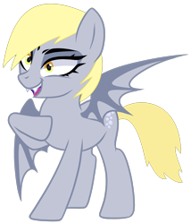 Size: 2355x2750 | Tagged: safe, artist:sscorpionsss, artist:twilyisbestpone, derpibooru import, derpy hooves, bat pony, pony, base used, bat ponified, bat wings, derpybat, eyeshadow, fangs, female, high res, makeup, mare, race swap, raised hoof, raised leg, simple background, smiling, solo, transparent background, underp, wings