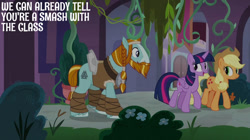 Size: 828x465 | Tagged: safe, derpibooru import, edit, edited screencap, editor:quoterific, screencap, applejack, rockhoof, twilight sparkle, twilight sparkle (alicorn), alicorn, a rockhoof and a hard place, rockhoof's shovel, school of friendship, shovel