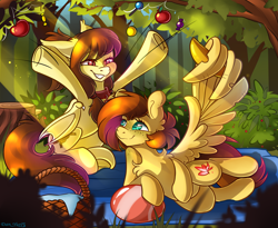 Size: 2378x1949 | Tagged: safe, alternate version, artist:yuris, derpibooru import, oc, oc:noctalia, oc:yuris, bat pony, pegasus, pony, basket, bat pony oc, blanket, bush, ears back, ears up, food, forest, frog (hoof), fruit, grass, picnic, sitting, smiling, telling lies, tree, underhoof