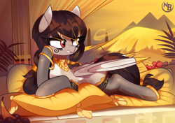 Size: 3529x2488 | Tagged: safe, artist:nevobaster, derpibooru import, oc, oc only, oc:mayata, earth pony, pony, banana, bedroom eyes, clothes, collar, desert, egyptian, evening, female, food, gloves, heterochromia, jewelry, lingerie, lying down, makeup, mare, pillow, prone, pyramid, stockings, thigh highs