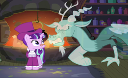 Size: 1186x726 | Tagged: safe, artist:ldrmas, derpibooru import, edit, edited screencap, editor:incredibubbleirishguy, screencap, discord, snowfall frost, starlight glimmer, draconequus, ghost, undead, unicorn, a hearth's warming tail, to where and back again, a christmas carol, alternate scenario, clothes, deleted scene, ebenezer scrooge, frock coat, ghost discord, if only, jabot, jacob marley, shirt, top hat, vector, vector edit