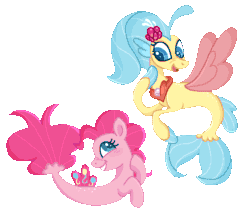 Size: 718x616 | Tagged: safe, artist:ponyjuno, derpibooru import, pinkie pie, princess skystar, earth pony, seapony (g4), my little pony: the movie, abstract background, animated, art trade, blue eyes, blue mane, blushing, digital art, dorsal fin, duo, duo female, ears, female, fin, fin wings, fins, fish tail, floppy ears, flower, flower in hair, flowing mane, flowing tail, gif, jewelry, lesbian, looking at each other, looking at someone, mare, necklace, pearl necklace, seaponified, seapony pinkie pie, shipping, simple background, skypie, smiling, smiling at each other, species swap, tail, transparent background, wings