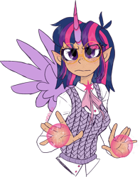 Size: 1920x2440 | Tagged: safe, artist:mrufka69, derpibooru import, twilight sparkle, human, alicorn humanization, alternate hairstyle, blushing, clothes, elf ears, female, freckles, glasses, horn, horned humanization, humanized, magic, shirt, simple background, solo, sweater vest, transparent background, winged humanization, wings