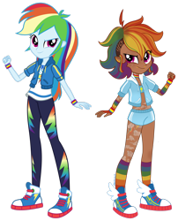 Size: 1920x2371 | Tagged: safe, artist:mrufka69, derpibooru import, rainbow dash, human, equestria girls, alternate hairstyle, belly button, choker, clothes, dark skin, duality, ear piercing, earring, elf ears, eqg promo pose set, female, fingerless gloves, gloves, high res, hoodie, humanized, jewelry, leggings, lip piercing, midriff, nose piercing, nose ring, piercing, rainbow socks, redesign, shirt, shoes, shorts, simple background, slit eyes, sneakers, socks, solo, sports bra, sports shorts, striped socks, t-shirt, tattoo, transparent background