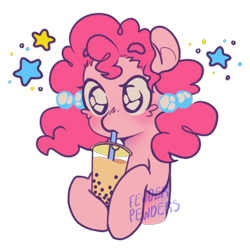 Size: 2000x2000 | Tagged: safe, artist:fewderpewders, derpibooru import, pinkie pie, earth pony, alternate hairstyle, bubble tea, drink, drinking straw, sipping, solo, stars