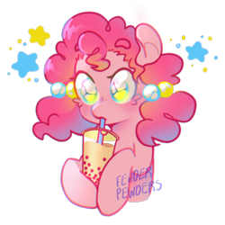 Size: 2000x2000 | Tagged: safe, alternate version, artist:fewderpewders, derpibooru import, pinkie pie, earth pony, alternate hairstyle, bubble tea, drink, drinking straw, sipping, solo, stars