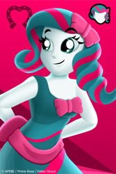 Size: 2250x3376 | Tagged: safe, artist:apebe, derpibooru import, oc, oc only, oc:pinkie rose, human, equestria girls, abstract background, closed mouth, clothes, dress, female, gradient background, happy, high res, icon, solo, symbol, watermark