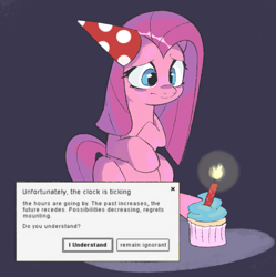 Size: 887x889 | Tagged: safe, artist:anonymous, derpibooru import, pinkie pie, earth pony, pony, birthday, candle, cupcake, error message, existential dread, female, fire, food, frown, hat, mare, meme, microsoft, microsoft windows, party hat, pinkamena diane pie, ponified, ponified animal photo, ponified meme, reality ensues, regret, sad, sitting, solo