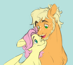 Size: 1280x1147 | Tagged: safe, artist:chub-wub, derpibooru import, applejack, applejack (male), butterscotch, fluttershy, earth pony, pegasus, pony, alternate hairstyle, appleshy, beard, blue background, butterjack (gay), cute, duo, facial hair, gay, jackabetes, looking at each other, looking at someone, male, moustache, nuzzling, one eye closed, open mouth, rule 63, shipping, shyabetes, simple background, size difference, trans male, transgender, wink