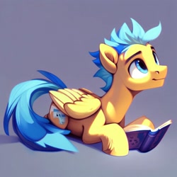 Size: 768x768 | Tagged: safe, ai content, derpibooru import, generator:purplesmart.ai, generator:stable diffusion, machine learning generated, oc, oc only, oc:caerulean deep, pegasus, pony, book, cheerful, content, looking up, lying down, male, reading, solo, stallion