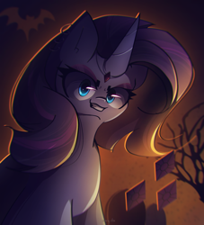 Size: 2500x2750 | Tagged: safe, artist:miryelis, derpibooru import, rarity, pony, unicorn, dark, female, glowing, glowing eyes, goth, halloween, holiday, horn, looking at you, mare, smiling, smiling at you, solo, standing