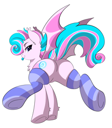 Size: 5000x5711 | Tagged: safe, artist:haruk, derpibooru import, oc, oc only, oc:sweetie swirl, bat pony, pony, blue tongue, butt, clothes, featureless crotch, femboy, looking back, male, multicolored hair, plot, rear view, simple background, socks, solo, striped socks, thighs, thunder thighs, tongue, tongue out, white background