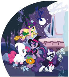 Size: 643x708 | Tagged: safe, derpibooru import, fluttershy, pinkie pie, rarity, spike, twilight sparkle, unicorn twilight, dragon, earth pony, ghost, pegasus, undead, unicorn, vampire, g4, 2010s, 2d, bow, broom, clothes, costume, egmont, evening, flying, ghost costume, halloween, halloween costume, hat, magazine, mask, moon, official, panini, pumpkin, ribbon, vampire costume, vector, witch, witch hat