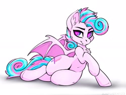 Size: 2048x1544 | Tagged: source needed, safe, artist:kapusta123, derpibooru import, oc, oc only, oc:sweetie swirl, bat pony, chest fluff, commission, draw me like one of your french girls, ear fluff, ears, femboy, heart, heart eyes, lying down, male, multicolored hair, simple background, solo, thighs, thunder thighs, white background, wingding eyes, ych result