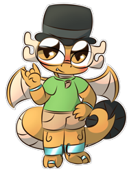 Size: 2400x3200 | Tagged: safe, artist:cushyhoof, derpibooru import, oc, oc only, oc:myoozik the dragon, dragon, blushing, bracelet, clothes, commission, cute, dragon oc, dragon wings, fangs, gesture, glasses, hat, jewelry, looking at you, male, necklace, non-pony oc, shirt, simple background, solo, t-shirt, transparent background, wings