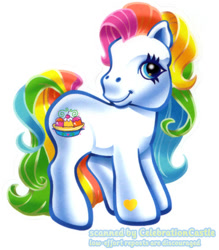 Size: 508x580 | Tagged: safe, derpibooru import, pony, g3, closed mouth, female, fun days in ponyville: storybook and playset, head turn, hoof heart, looking at you, mare, multicolored hair, official, prototype, rainbow hair, scanned, simple background, smiling, solo, standing, stock vector, text, underhoof, unknown pony, unnamed character, unnamed pony, white background
