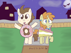 Size: 1600x1200 | Tagged: safe, artist:wanda, derpibooru import, pound cake, pumpkin cake, pegasus, pony, unicorn, background, cake costume, clothes, costume, donut, donut costume, food, food costume, moon, ribbon, smiling