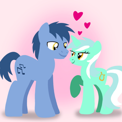 Size: 1400x1400 | Tagged: safe, artist:mlplary6, derpibooru import, blues, lyra heartstrings, noteworthy, earth pony, pony, unicorn, boyfriend and girlfriend, female, heart, looking at each other, looking at someone, love, lyraworthy, male, mare, shipping, smiling, smiling at each other, stallion, straight