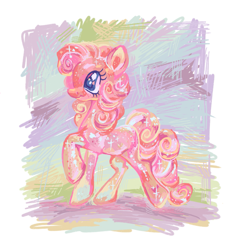 Size: 1307x1369 | Tagged: safe, artist:webkinzworldz, derpibooru import, pinkie pie, earth pony, pony, abstract background, blind bag, blind bag pinkie pie, blind bag pony, female, glitter, mare, reference in the description, solo, sparkly, toy, toy interpretation, walking