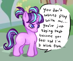 Size: 690x576 | Tagged: safe, artist:phantarays, derpibooru import, starlight glimmer, pony, unicorn, g4, blank flank, bronybait, dialogue, female, filly, filly starlight glimmer, foal, sad, younger