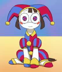 Size: 320x373 | Tagged: safe, artist:doublewbrothers, derpibooru import, earth pony, pony, blushing, cropped, crossover, female, hat, jester, jester hat, looking at you, mare, pomni, ponified, sitting, solo, species swap, the amazing digital circus, youtube link