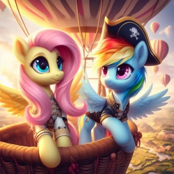 Size: 1024x1024 | Tagged: safe, ai content, machine learning generated, fluttershy, rainbow dash, pegasus, pony, bing, duo, female, hot air balloon, mare, pirate, pirate dash, pirate hat