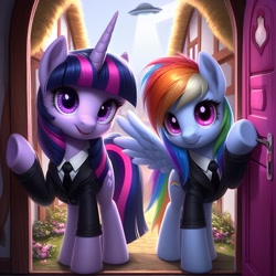 Size: 1024x1024 | Tagged: safe, ai content, machine learning generated, rainbow dash, twilight sparkle, unicorn twilight, pegasus, pony, unicorn, bing, black suit, clothes, duo, female, flying saucer, mare, mares in black, necktie, ponyville, size difference, suit, ufo