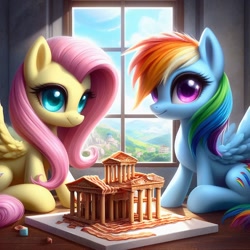 Size: 1024x1024 | Tagged: safe, ai content, machine learning generated, fluttershy, rainbow dash, pegasus, pony, alternate cutie mark, architecture, bacon, bing, diorama, duo, female, mare, meat, ponies playing with meat, window